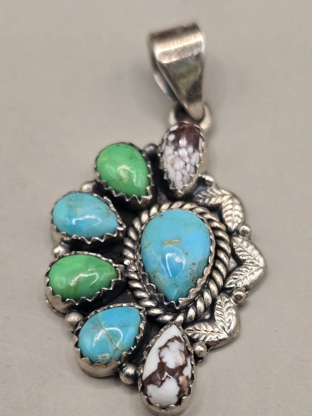 Sterling Silver Multi-Stone Teardrop Pendant - Turquoise, Green, White
